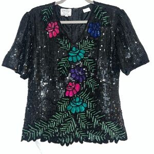 Stenay Black Sequin Top with Multicolor Beaded Floral Embroidery